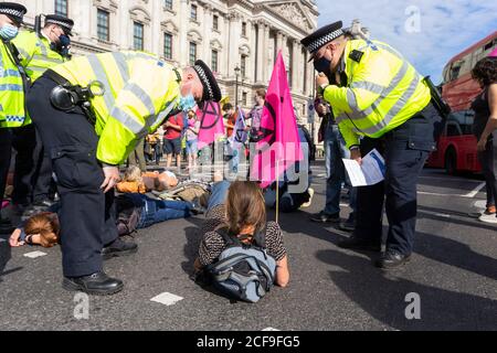 Gli agenti di polizia parlano con una strada di blocco del protestore, manifestazione della ribellione estinzione, Parliament Square, Londra, 2 settembre 2020 Foto Stock