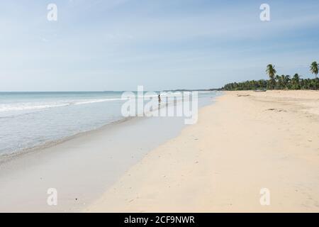 Giovane donna in acqua sulla spiaggia di sabbia con foresta tropicale Foto Stock