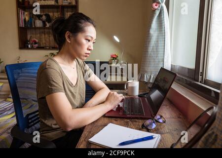 Vista laterale della freelance femminile asiatica in una t-shirt casual e occhiali seduti a tavola e navigando computer mentre si lavora su progetto online a casa Foto Stock