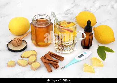 Rimedio naturale alle erbe per raffreddore e influenza con termometro e bevanda medicinale calda con zenzero fresco, limone, miele, cannella e olio essenziale di eucalipto. Foto Stock