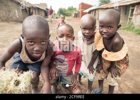Uganda - Novembre, 26 2016: Gruppo di bambini africani calvi che guardano la macchina fotografica con interesse mentre si levano in piedi sulla strada nel villaggio Foto Stock