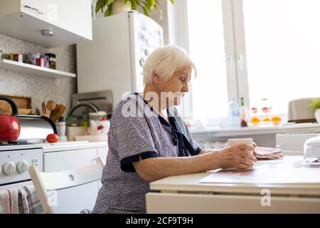 Donna anziana in cucina Foto Stock