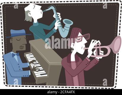 Illustrazione in stile retrò di diversi musicisti jazz che suonano i loro strumenti. Illustrazione Vettoriale