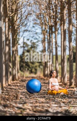 Sereno adulto incinta Donna meditare mentre si siede a terra tra gli alberi nel parco durante il giorno di sole Foto Stock