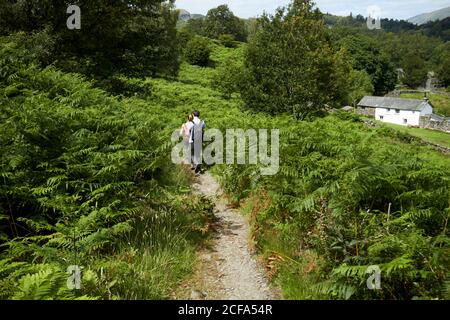 giovane coppia che cammina lungo il sentiero attraverso felci alti a loughrigg lake district national park cumbria england uk Foto Stock