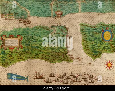 Sir Francis Drake in Sant'Agostino, Florida 1589 Foto Stock