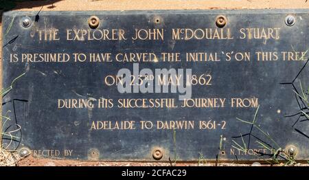 Targa sotto l'albero dove l'esploratore John McDouall Stuart ha scolpito la sua 'S' iniziale durante il suo viaggio per attraversare la terraferma australiana. Daly acque, NOR Foto Stock