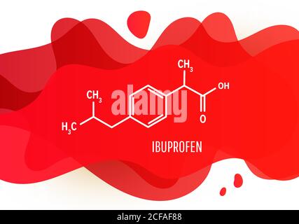 Struttura della molecola chimica di ibuprofene con un gradiente liquido rosso forma con spazio di copia su sfondo bianco Illustrazione Vettoriale