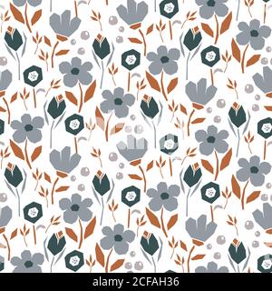 Audace motivo astratto senza giunture con fiori e foglie su sfondo bianco. Carta floreale blu neutro, stampa dal design tagliato. Illustrazione Vettoriale