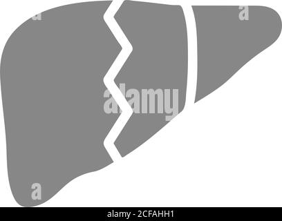Icona grigia del fegato umano rotta. Organo interno malato, simbolo di dolore acuto Illustrazione Vettoriale