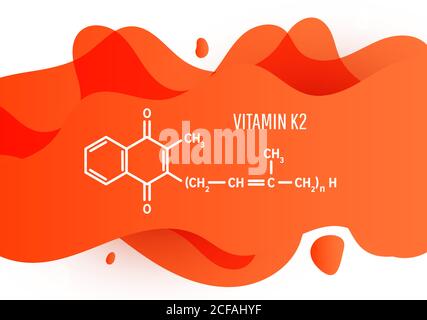Formula chimica strutturale della vitamina K2 con un liquido arancione forma sfumata con spazio di copia su sfondo bianco Illustrazione Vettoriale
