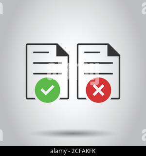 Accettare icona documento in stile appartamento. Rifiutare illustrazione vettoriale bianco su sfondo isolato. Segno di spunta del messaggio il concetto di business. Illustrazione Vettoriale