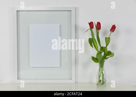 Vista di una cornice vuota, con tulipani rossi in vaso di vetro su fondo bianco Foto Stock