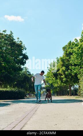 Uomo che corre e gioca con il suo cane Boxer in un parco Foto Stock