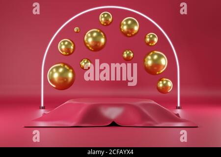 3d render rosso podio vuoto coperto da abiti con sfera dorata e arco luminoso. Scena geometrica astratta per i mockup di prodotti per vetrina. Foto Stock