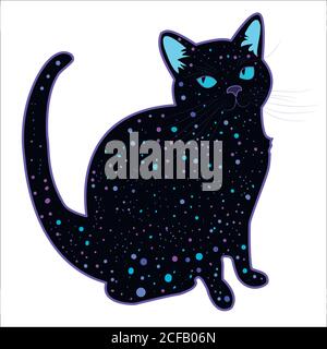 Carino divertente cosmico psichedelico silhouette gatto isolato su sfondo bianco. Design luminoso colorato affascinante gatto surreale, stella sul corpo. Illustrazione Vettoriale