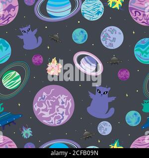 Illustrazione vettoriale di un disegno, allegro spazio alato alieno gatto Illustrazione Vettoriale