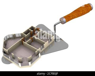 Progetto di un appartamento sdraiato sulla cazzuola. Isolato. Illustrazione 3D Foto Stock