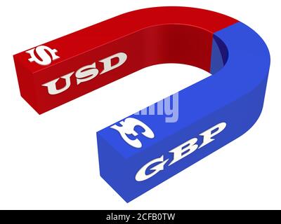 Magnete per soldi. Il magnete a forma di arco con i simboli delle valute US e British Pound. Isolato. Illustrazione 3D Foto Stock