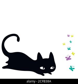 Piccolo gattino nero carino a caccia di farfalle. Illustrazione Vettoriale