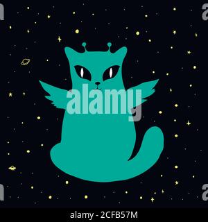 Divertente spazio alieno gatto con ali, grandi occhi, antenna, verde, isolo Illustrazione Vettoriale