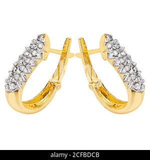 Coppia di orecchini a diamante oro isolati su sfondo bianco Foto Stock