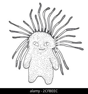 Simpatico mostro bianco e nero con occhi gialli e Dreadlock. Illustrazione Vettoriale