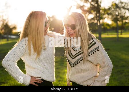 Due ragazze caucasiche bionde che scherzano e sorridono felicemente l'una all'altra. Retroilluminazione in una giornata di sole nel parco. Foto Stock