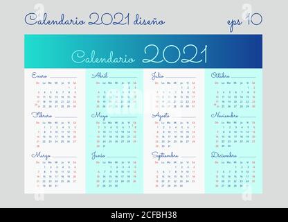 Calendario 2021 in spagnolo su sfondo bianco chiaro e blu. La domenica e il sabato sono evidenziati in rosso. Modello vettoriale modificabile 10 EPS. Orizzontale Illustrazione Vettoriale