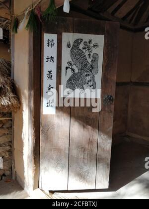 Una porta di legno con un disegno su di esso di che cosa sembra un pappagallo seduto sopra di un animale a quattro zampe. Le parole in cinese scrivono "Sweep the Gold out" in Foto Stock