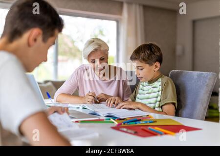 Madre che aiuta i suoi figli a fare i compiti a casa Foto Stock