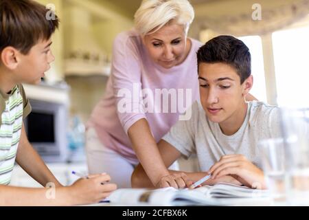 Madre che aiuta i suoi figli a fare i compiti a casa Foto Stock