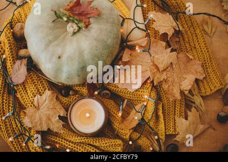 Buon Ringraziamento e Halloween, festeggiando le vacanze autunnali in casa accogliente. Zucca, foglie d'autunno, spezie e candela su un comodo pullover lavorato a maglia in caldo Foto Stock