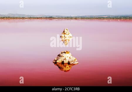 Vista pittoresca su un lago incredibile con pendenza rosa e rossa acqua e rocce in mezzo di giorno Foto Stock