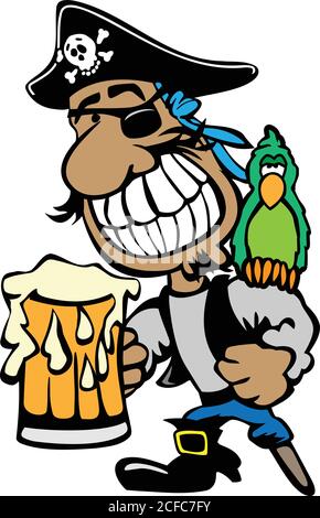 Cartoon che festeggiava Pirate bere birra con pappagallo e PEG leg Illustrazione vettoriale isolata Illustrazione Vettoriale