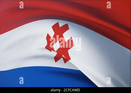 Bandiera di Komi-Permyak Okrug. Sfondo del flag di primo piano dell'illustrazione 3D. Bandiere dei soggetti federali della Russia. Foto Stock