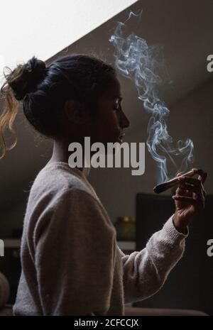 Vista laterale della giovane donna indiana seduta a occhi chiusi in lotus posa sul divano e facendo yoga mentre si gode piacevole odore di incenso bastone Foto Stock