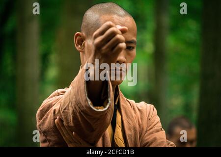 Ragazzo asiatico in marrone uniforme gesticulating mentre fa arti marziali esercizio fisico durante l'allenamento nella foresta verde Foto Stock