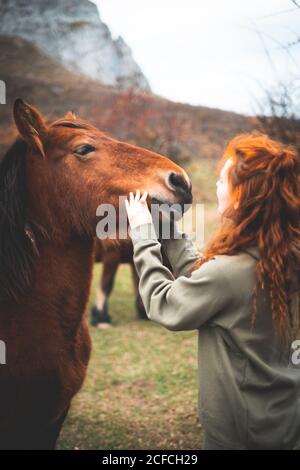 Vista laterale di Donna sorridente con lunghi capelli rossi in felpa con cappuccio cavallo marrone con criniera nera in pascoli di montagna Foto Stock