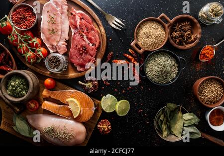 Piatto di proteine circondato da spezie e condimenti tabella Foto Stock