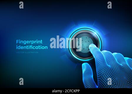 La scansione delle impronte digitali fornisce un accesso di sicurezza con identificazione biometrica. Avvicinare il dito per premere un pulsante. Verifica della scansione delle impronte digitali Illustrazione Vettoriale