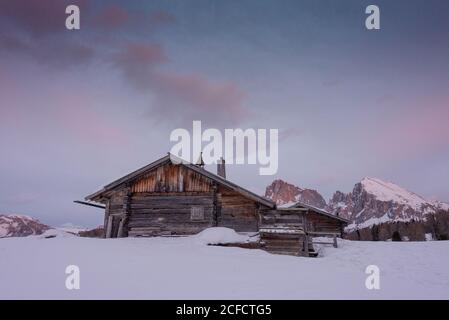 Italia, Alto Adige, Trentino Alto Adige, Dolomiti, Alpe di Siusi, Mont Seuc, Schlerngebiet, Langkofelgruppe al tramonto Foto Stock