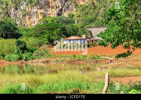 Paesaggio e vita rurale su sentiero escursionistico nella valle dei Vinales ('Valle de Vinales'), provincia di Pinar del Rio, Cuba Foto Stock