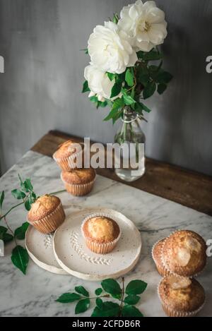 Ancora vita di gustosi cupcake di yogurt su piatti rotondi in disposizione con foglie verdi e rose bianche aromatiche in vetro vaso su tavolo di marmo contro parete grigia in cucina Foto Stock