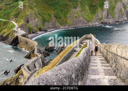 Vista posteriore del viaggiatore femminile con cane a piedi su pietra ponte attraverso il fiume in un'area pittoresca Foto Stock