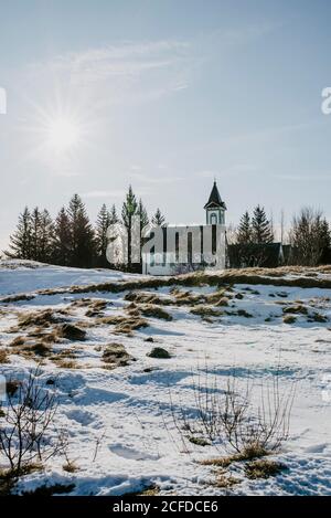 Vallingvallakirkja Chiesa, Thingvellir Parco Nazionale, Islanda in inverno Foto Stock