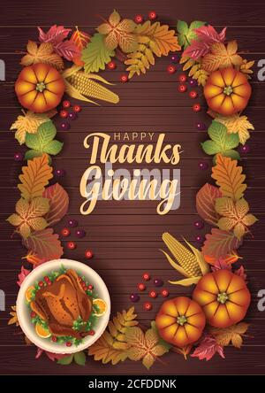 Elementi Happy Thanksgiving Day con poster in legno, modello banner. Illustrazione vettoriale.D Illustrazione Vettoriale