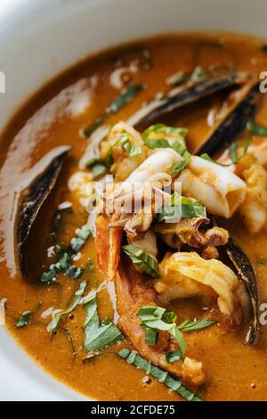 Da sopra il ragù di closeup con cozze di pesce bollito polpo piccolo ed erbe sul piatto nel ristorante Foto Stock