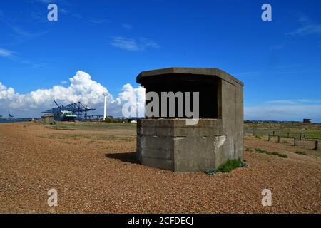 Scatola della seconda guerra mondiale sulla riserva naturale di LANguard, Felixstowe, Suffolk, Regno Unito Foto Stock