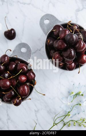 Vista dall'alto delle pentole con ciliegie rosse dolci mature con tavolo in marmo con ramo verde Foto Stock